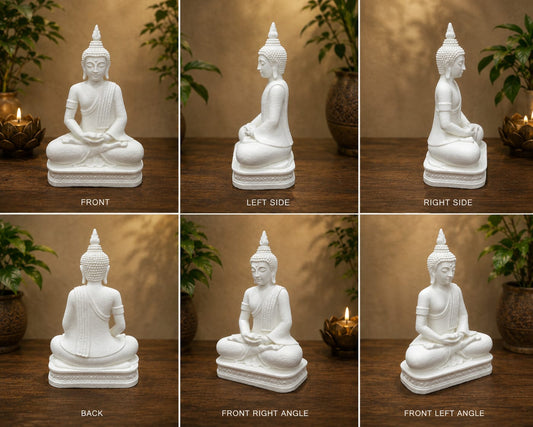 Maruthi 3D Studio Serene White Meditating Buddha Statue – Premium Spiritual Home & Office Décor Showpiece