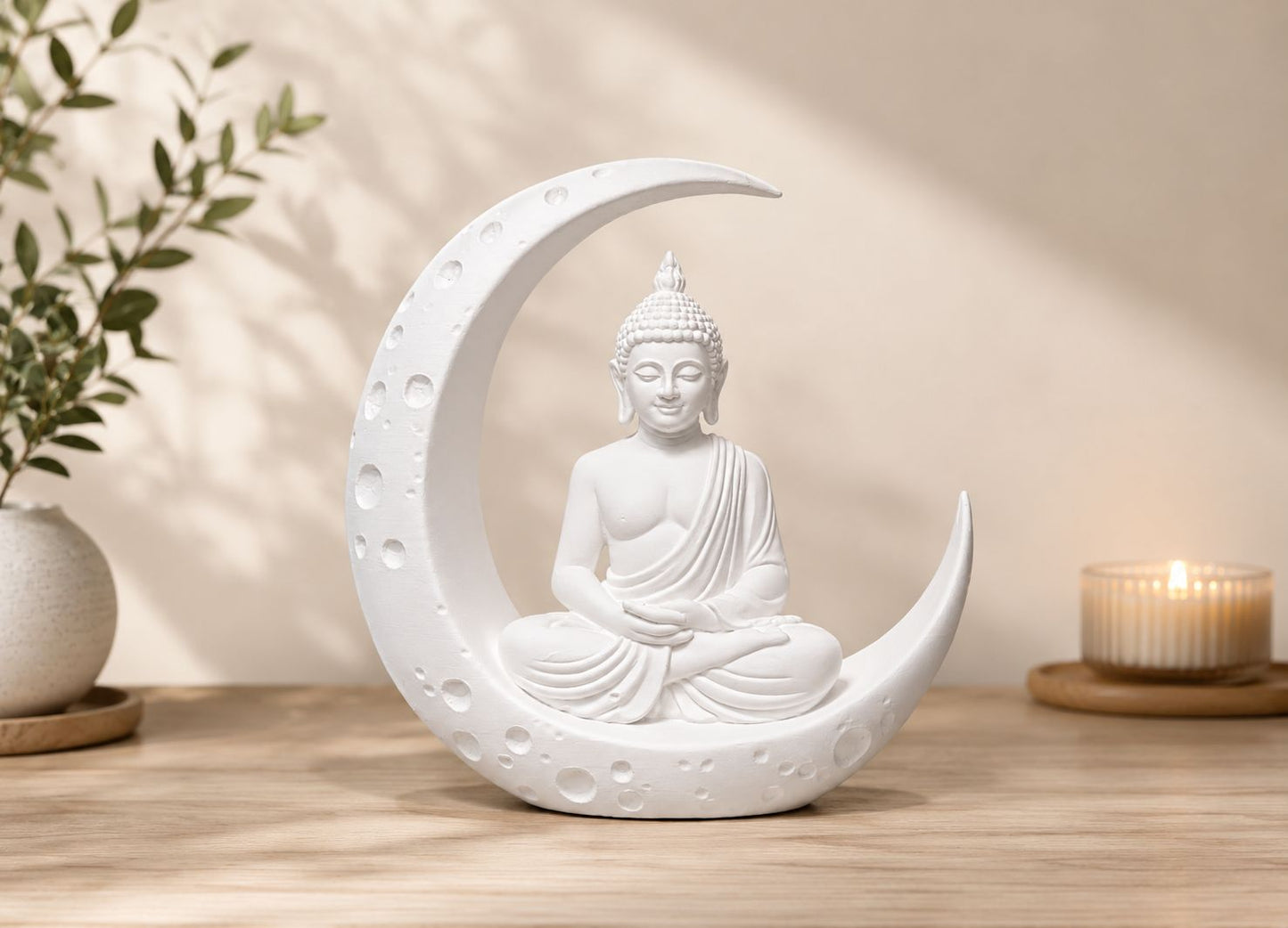 Maruthi 3D Studio Moonlit Serenity Buddha Idol – White Crescent Moon Meditation Statue for Home Decor, Living Room, Office & Gift