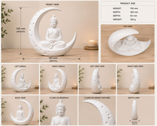 Maruthi 3D Studio Moonlit Serenity Buddha Idol – White Crescent Moon Meditation Statue for Home Decor, Living Room, Office & Gift