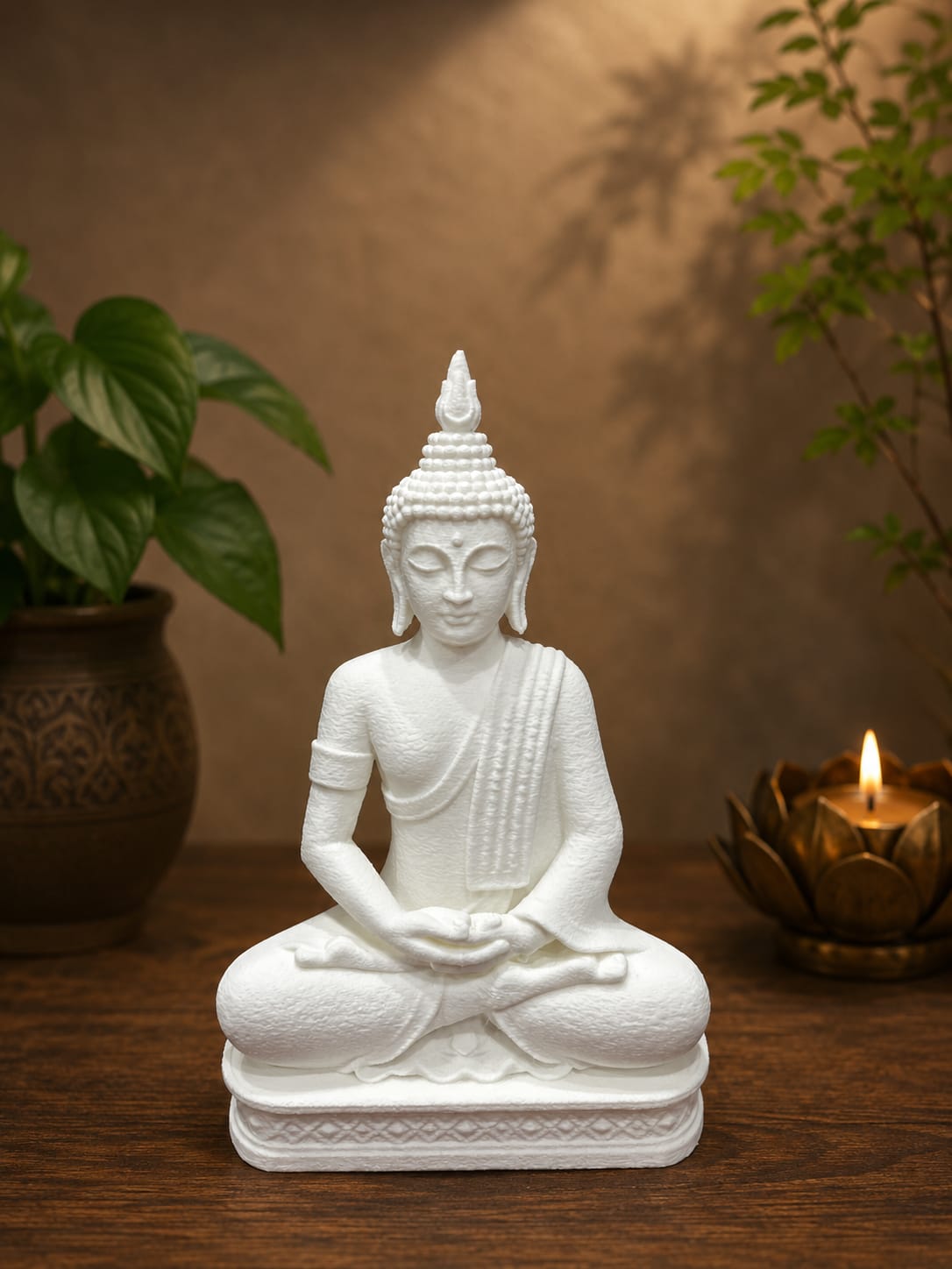 Maruthi 3D Studio Serene White Meditating Buddha Statue – Premium Spiritual Home & Office Décor Showpiece