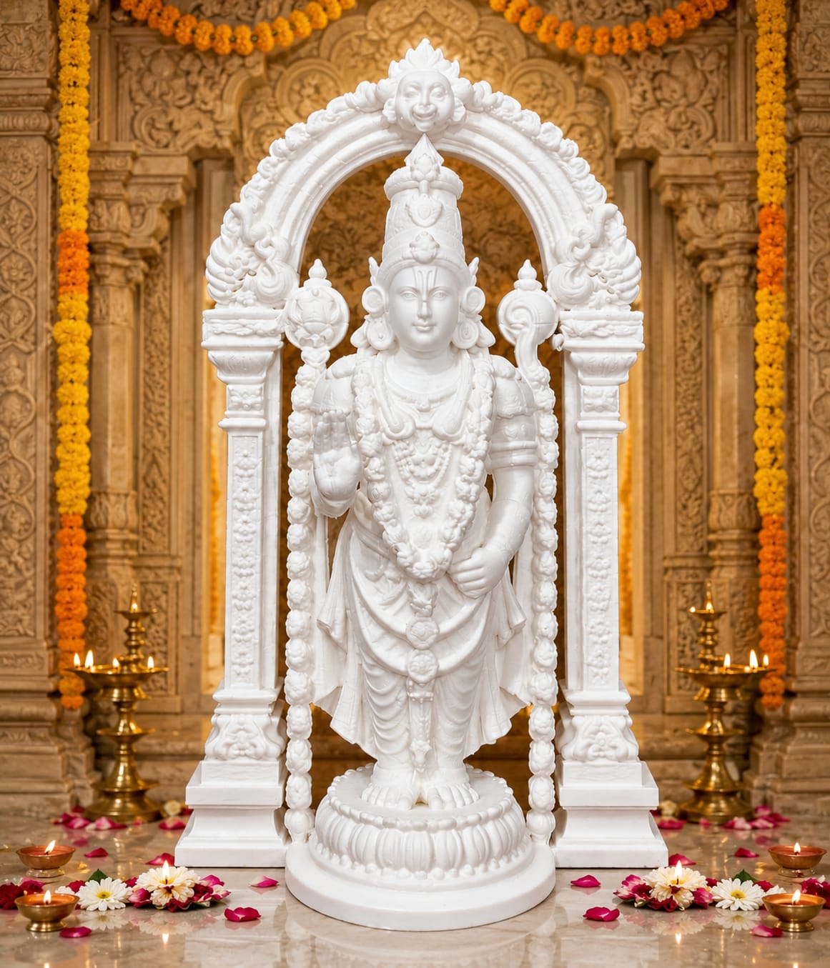 Maruthi 3D Studio Sri Venkateswara Divine Temple Arch Idol – Premium White Marble Finish